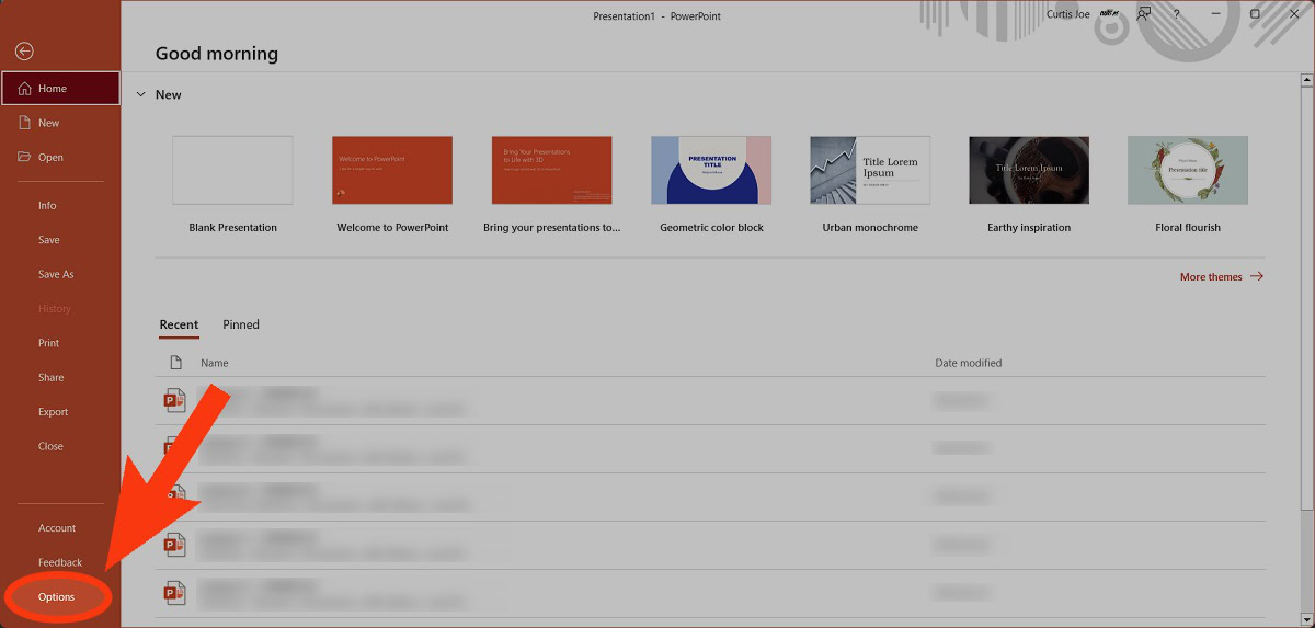go to options powerpoint