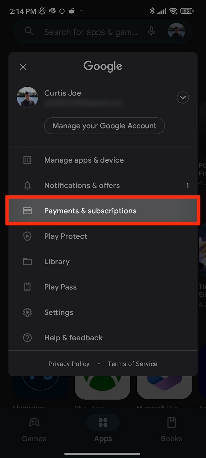 go to payments subscriptions mobile