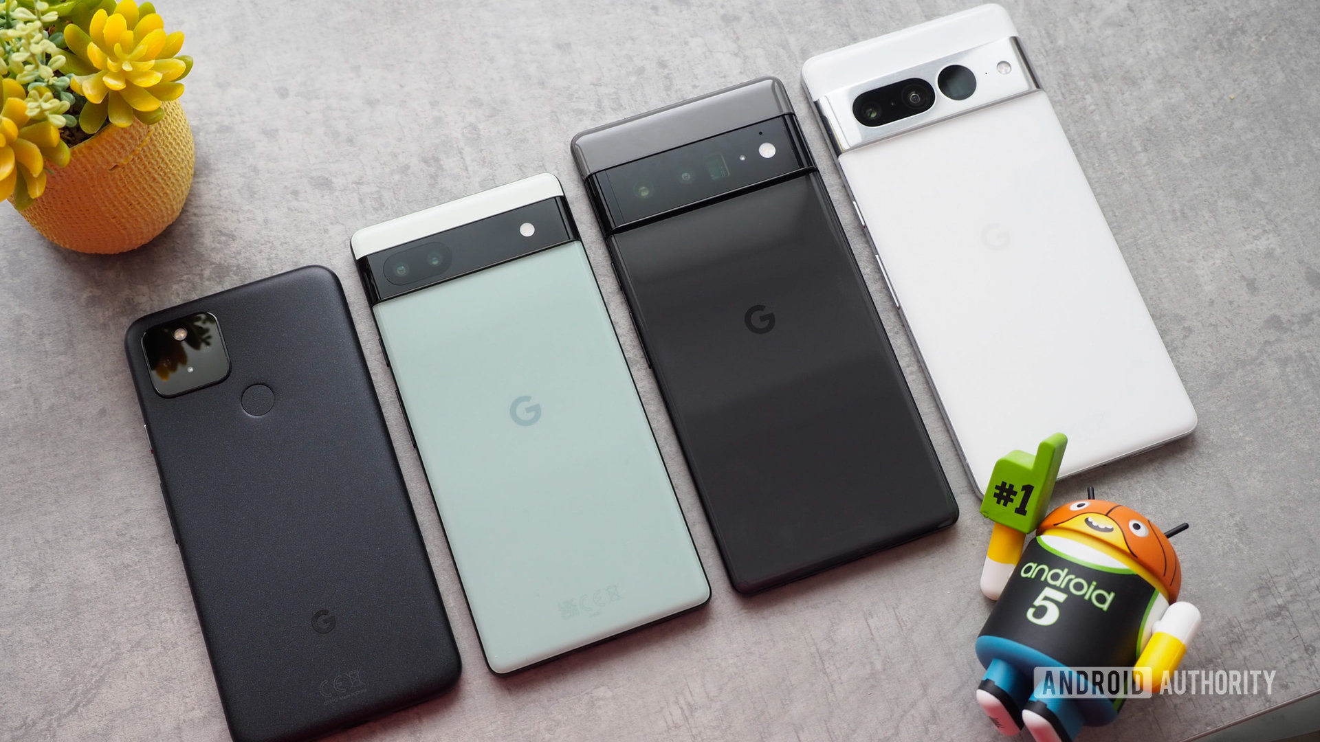 Google Pixel family with the Pixel 5, Pixel 6a, Pixel 6 Pro, and Pixel 7 Pro next to each other