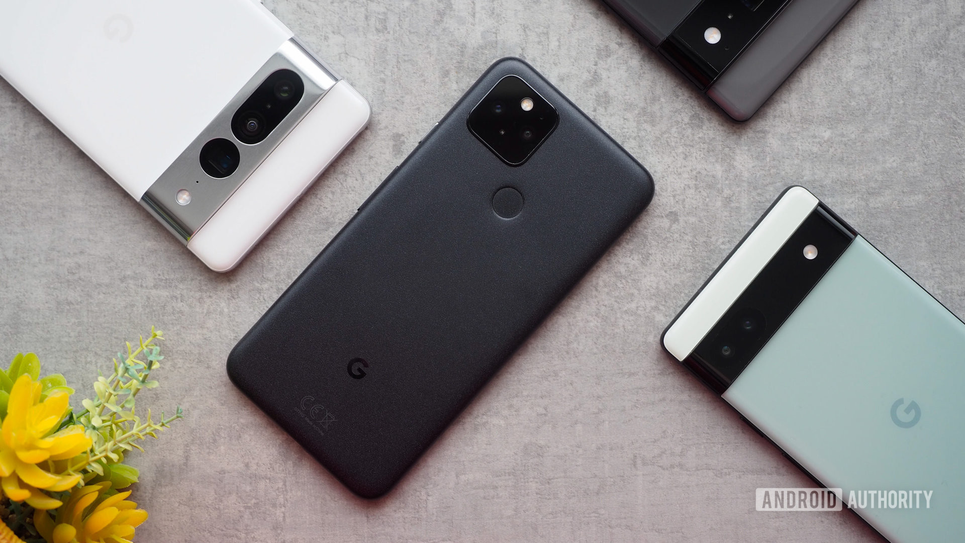 Google Pixel 5 laying in the middle of the Pixel 6a, Pixel 6 Pro, and Pixel 7 Pro