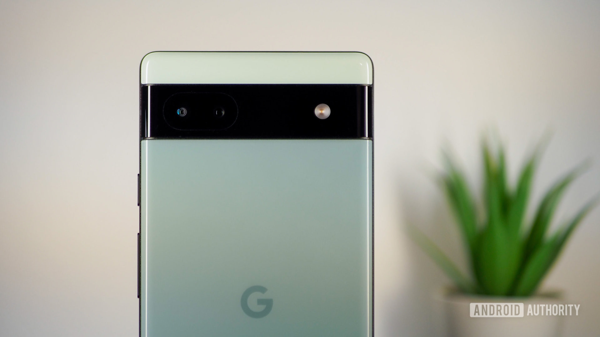 Google Pixel 6a in Sage color, seen from the back, focus on the camera bump