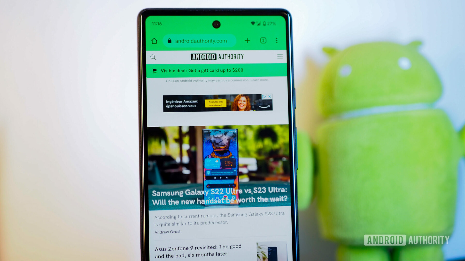 Google Pixel 6a, display on, showing the Android Authority website in Chrome