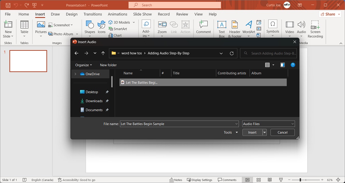 insert audio from file explorer into powerpoint
