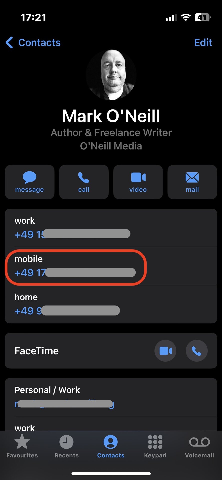 ios contacts app your phone number