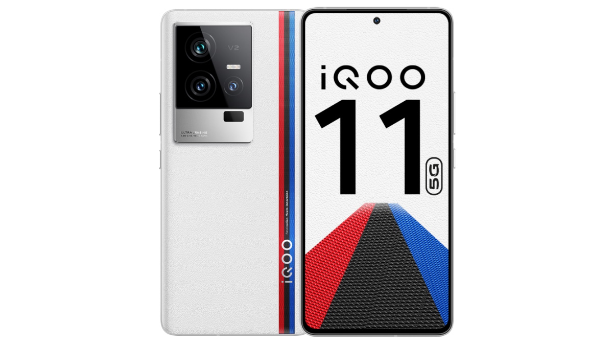 iqoo 11 smartphone in its &quot;legend&quot; variant, showing its front and back. The back has a white color with BMW-inspired strips running off center.