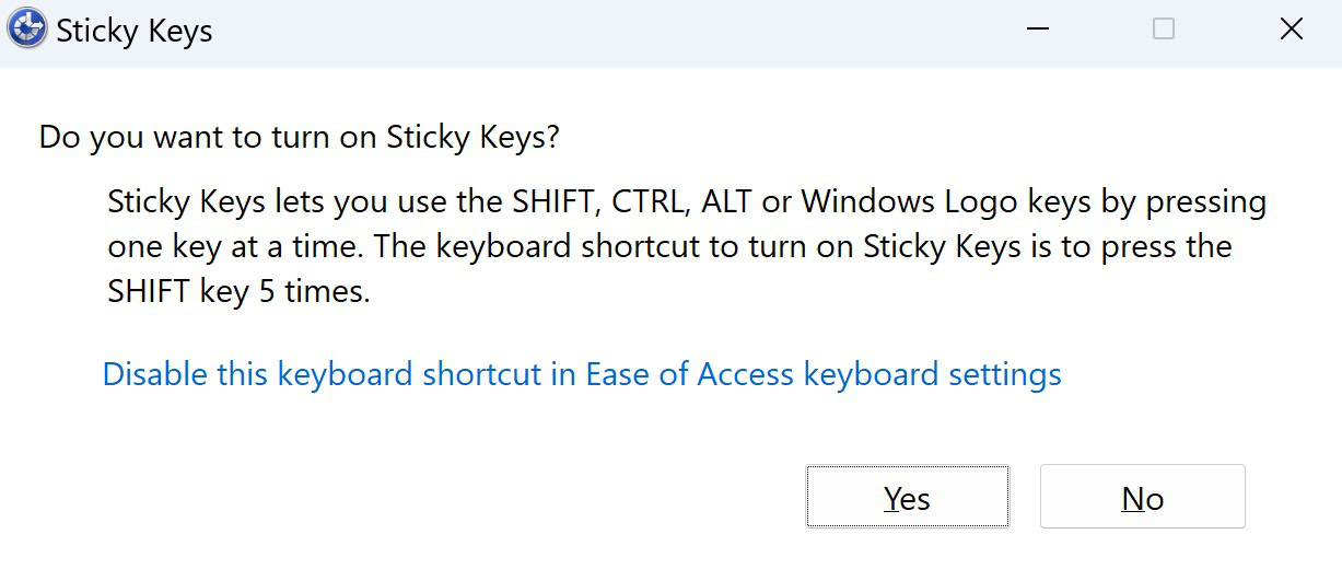 keyboard shortcut sticky keys pop up