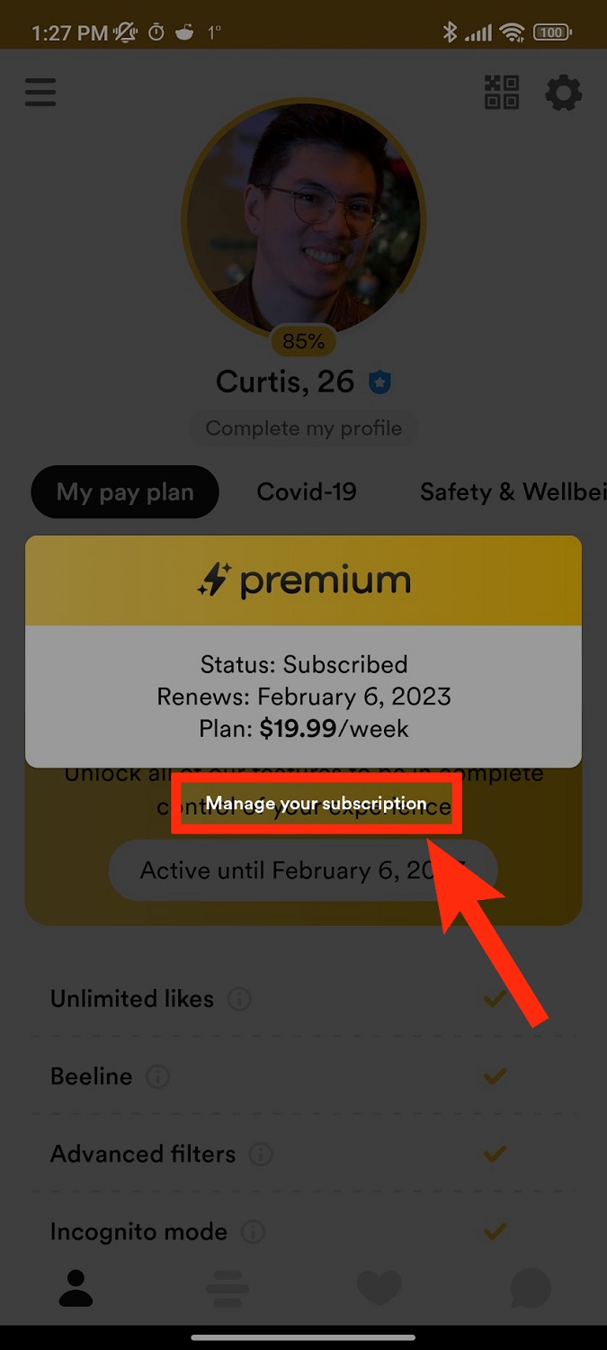 manage your subscription button bumble
