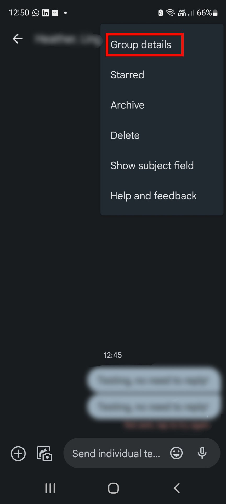 Muting a group chat on Google Messages and selecting group details
