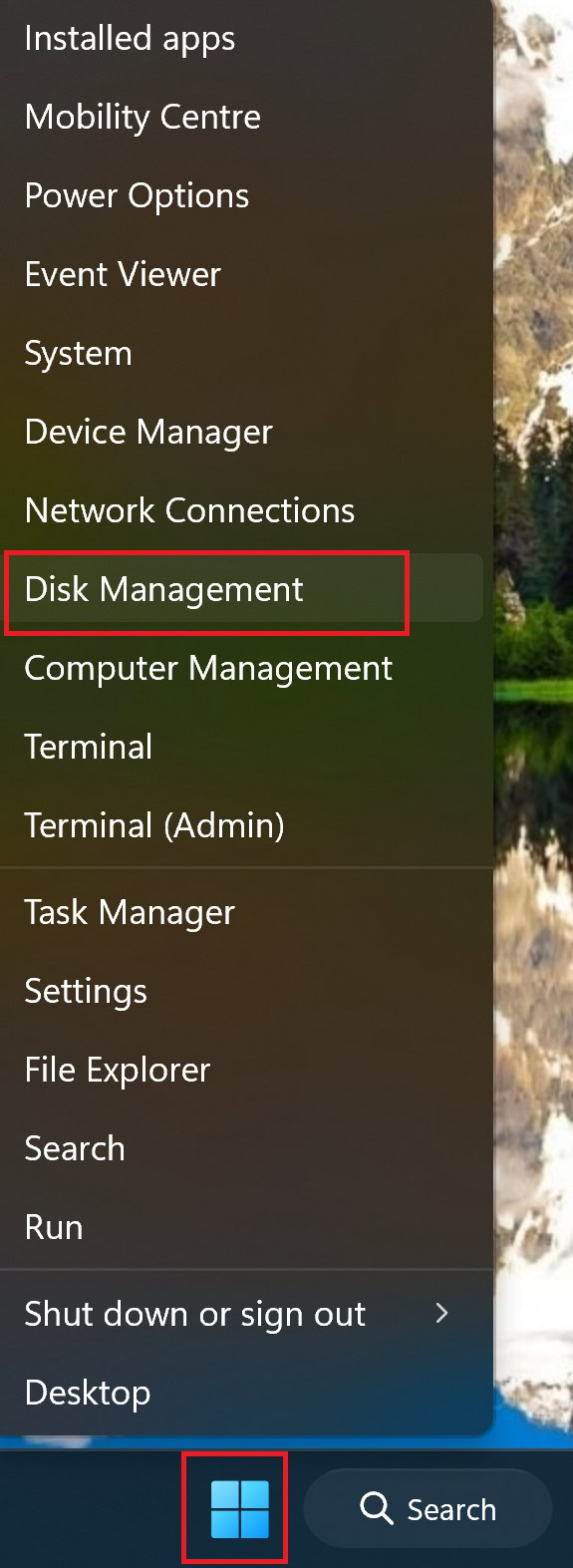 power use menu disk management setting