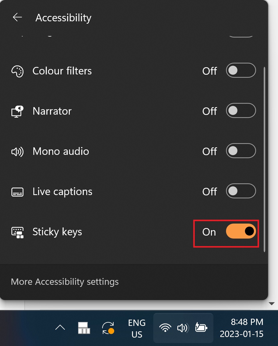 quick settings accessibility sticky keys