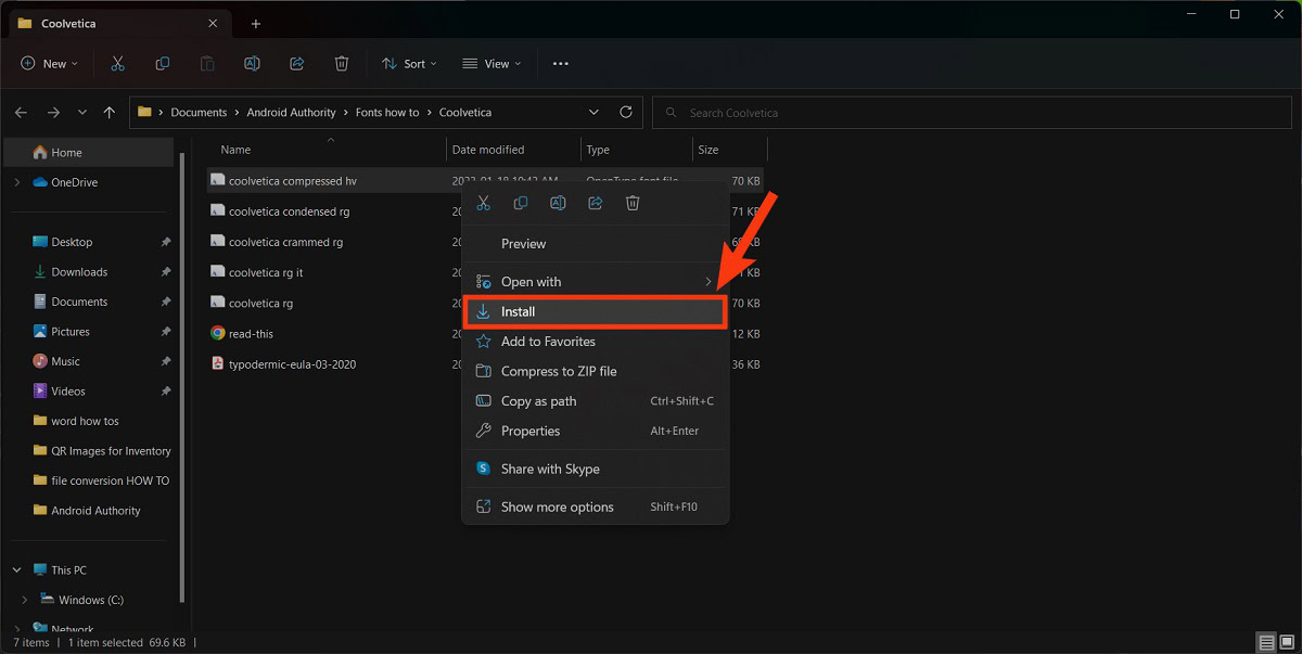 right click font and select install