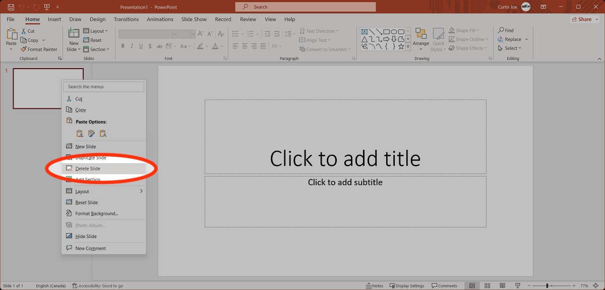 Haga clic derecho en la diapositiva y seleccione Eliminar PowerPoint