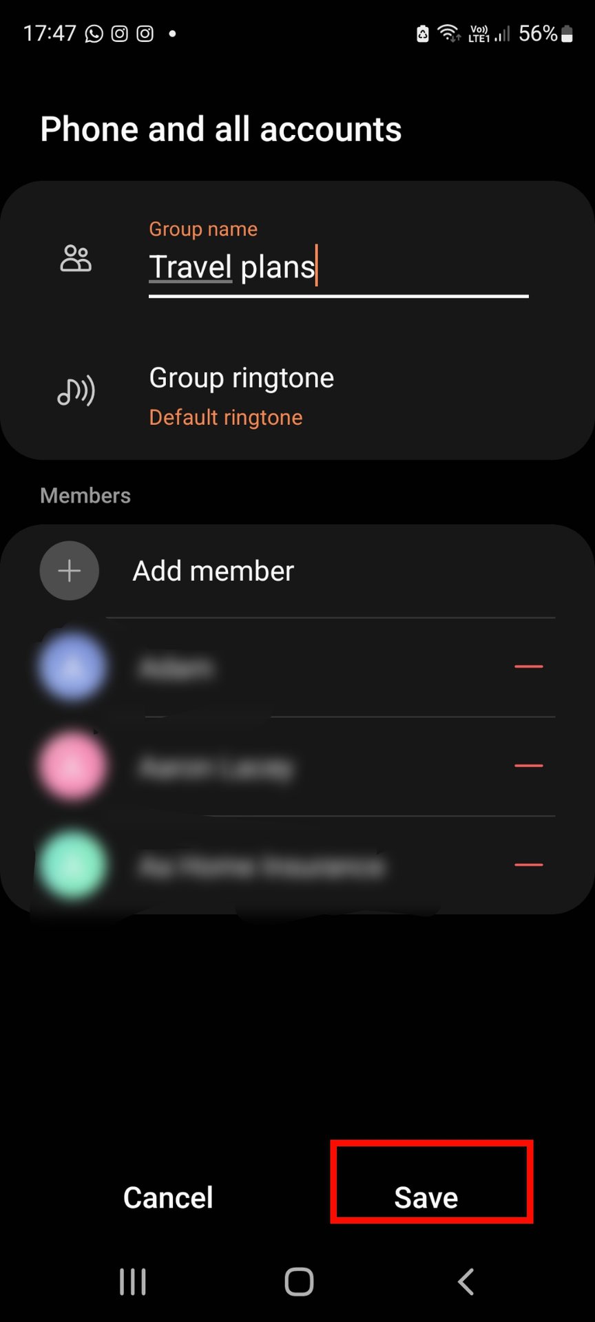 samsung group text save group