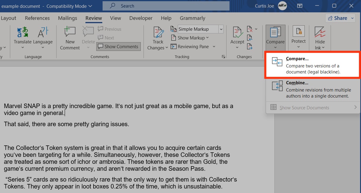 select compare two versions microsoft word