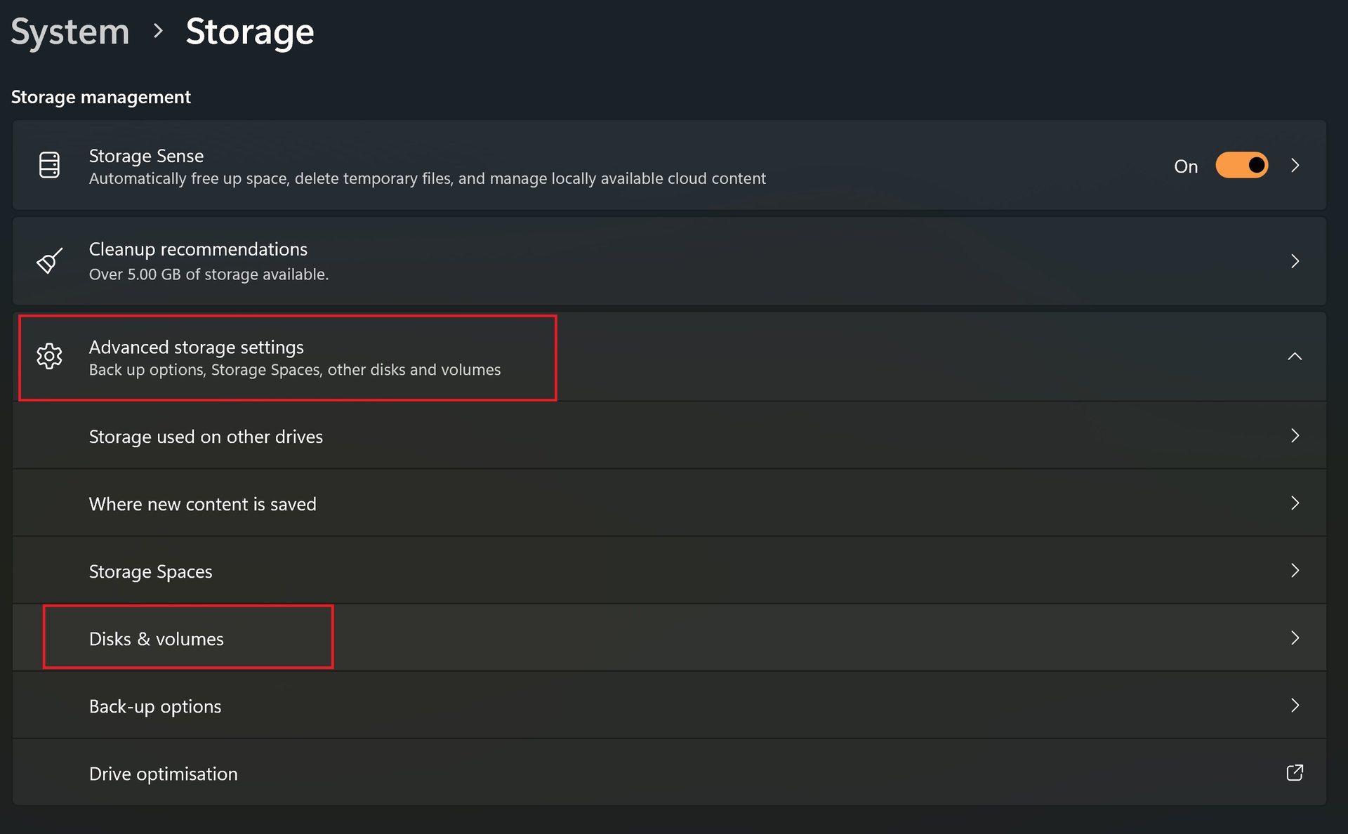 settings menu advanced storage settings