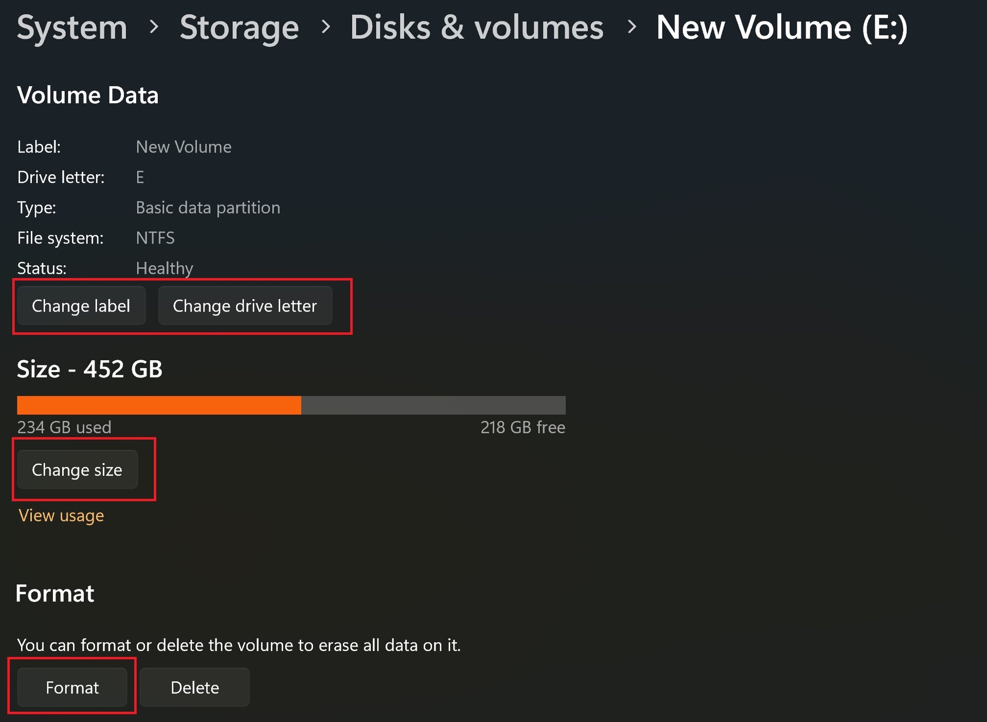settings menu change disk settings