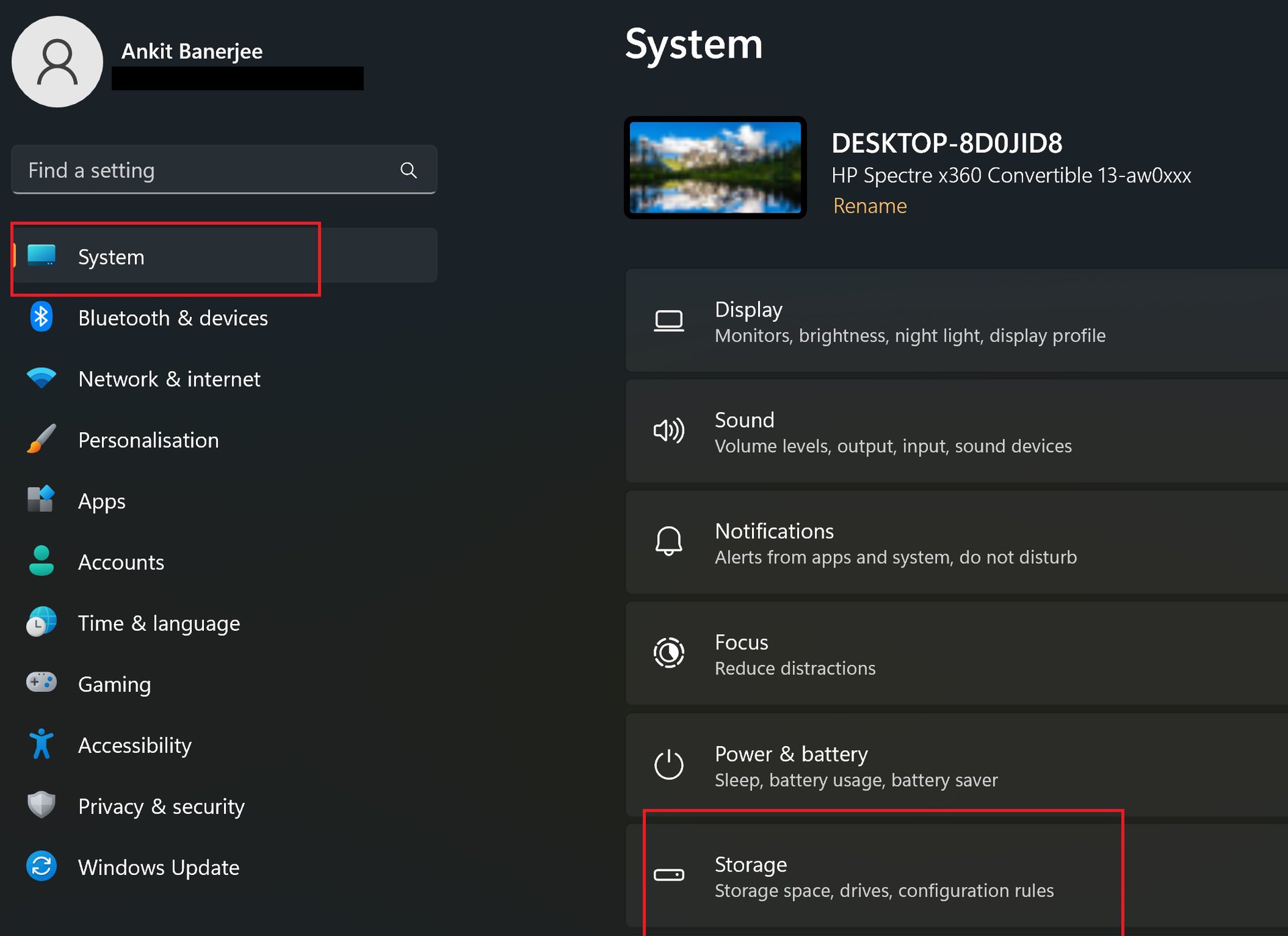 settings menu open storage