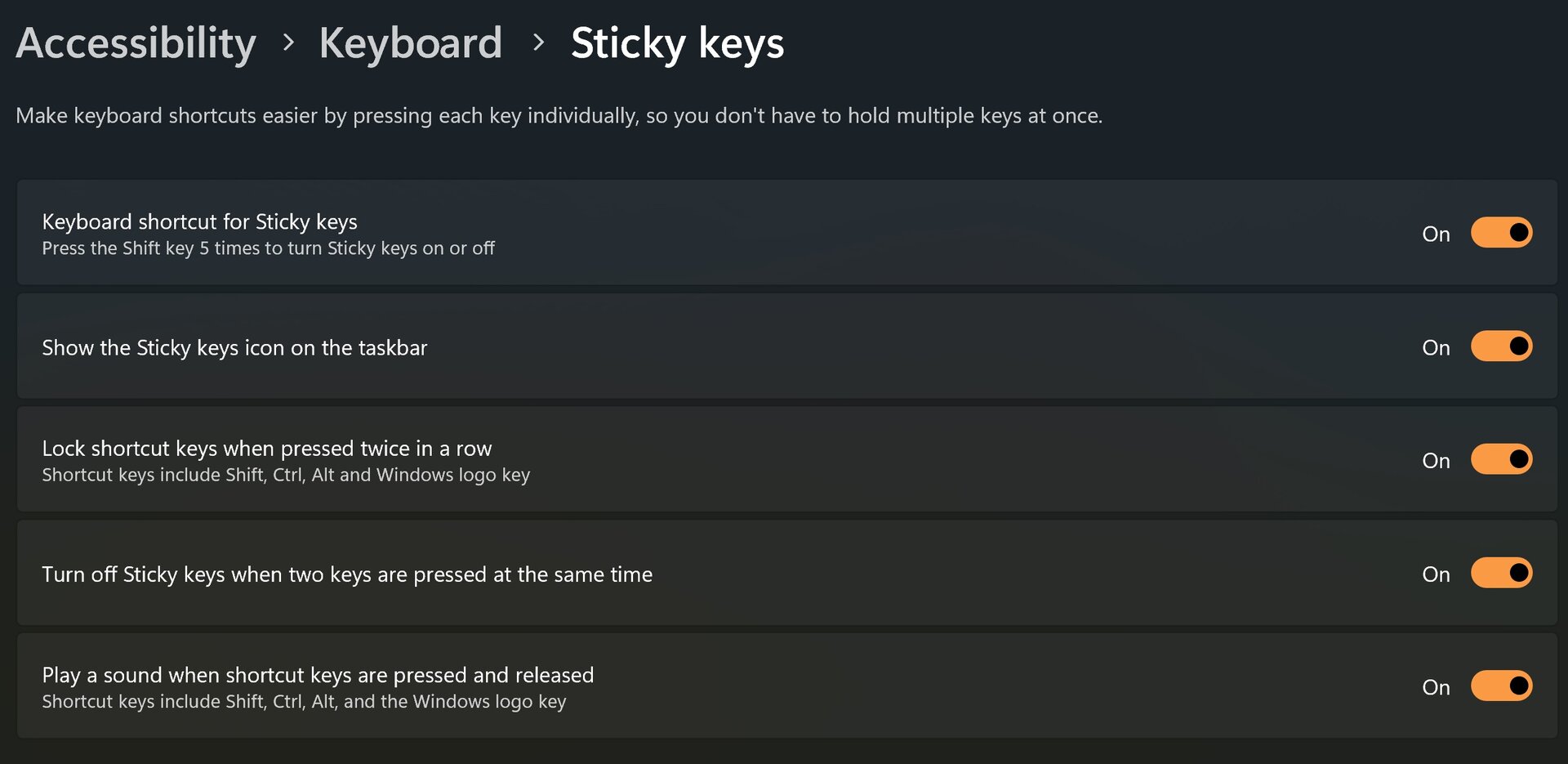 settings sticky keys extra features
