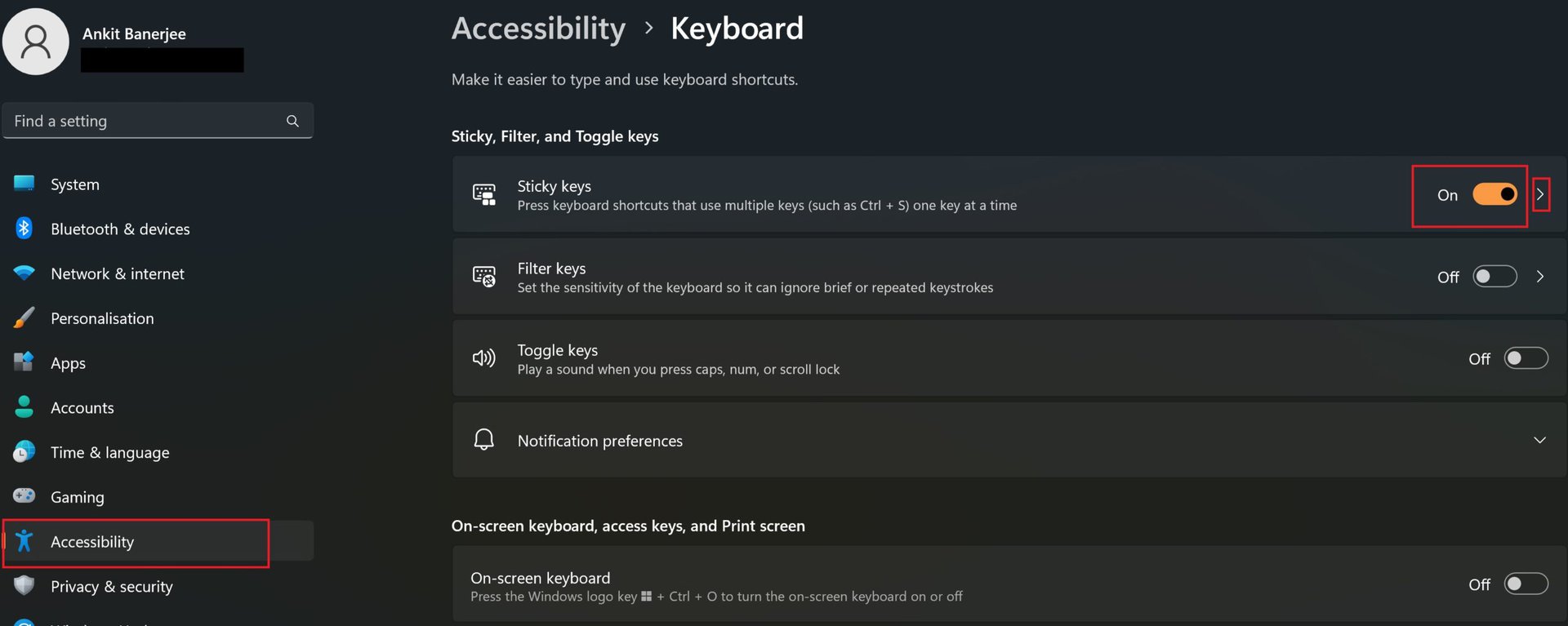 settings sticky keys