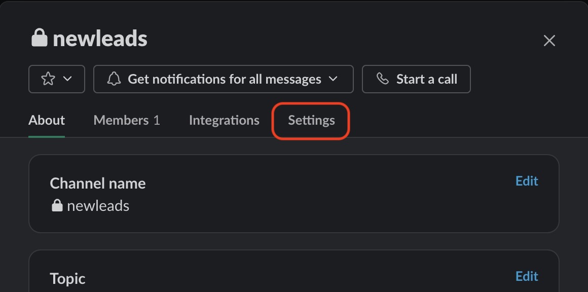 slack channel settings