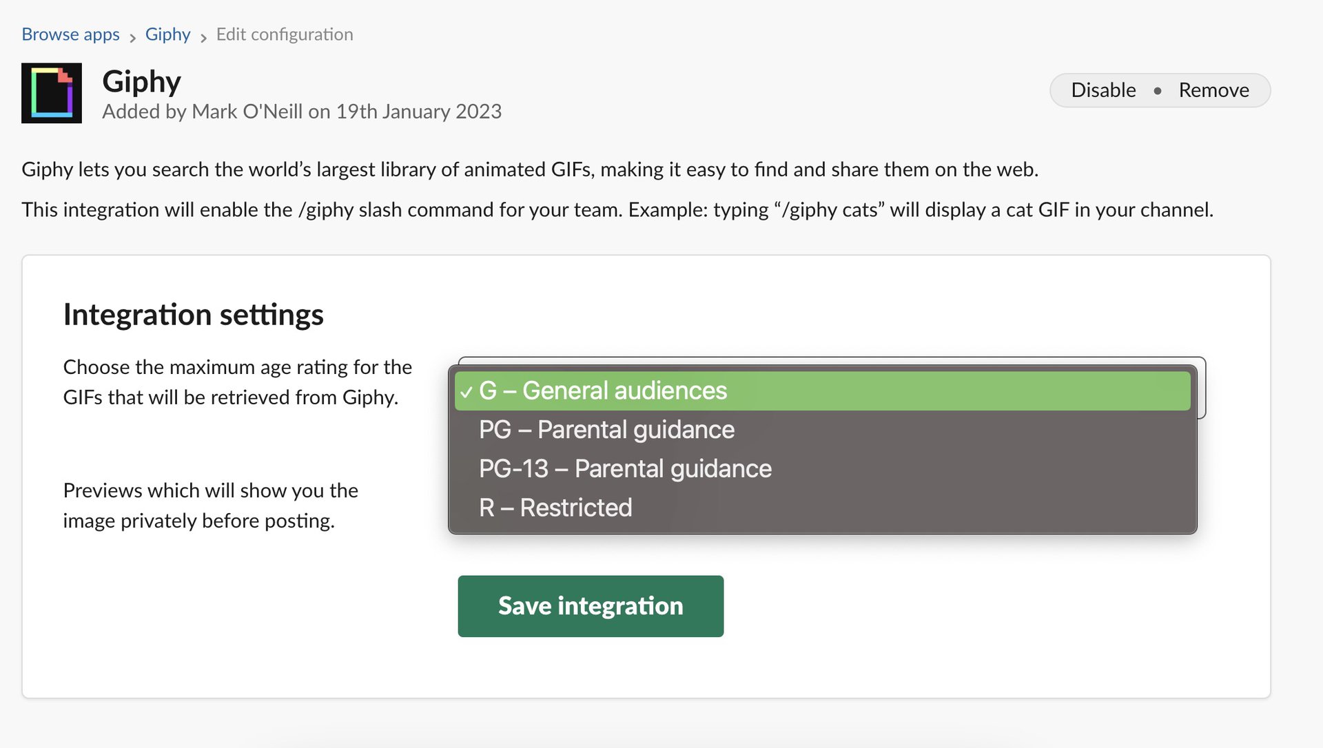 slack gif giphy set restrictions