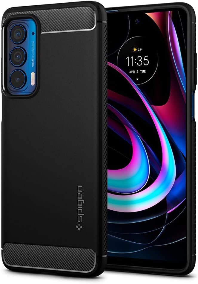 A product image of the Spigen Rugged Armor Case for the Edge 5G UW.