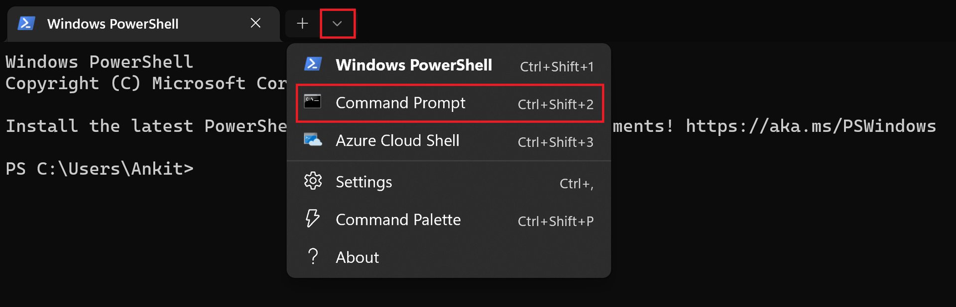 switch to command prompt from powershell