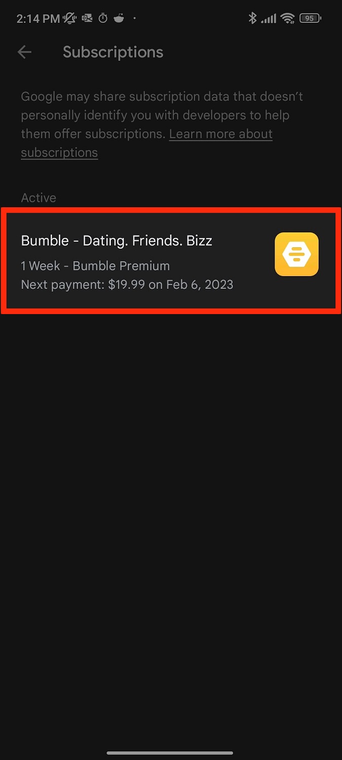 tap bumble in subscriptions google play
