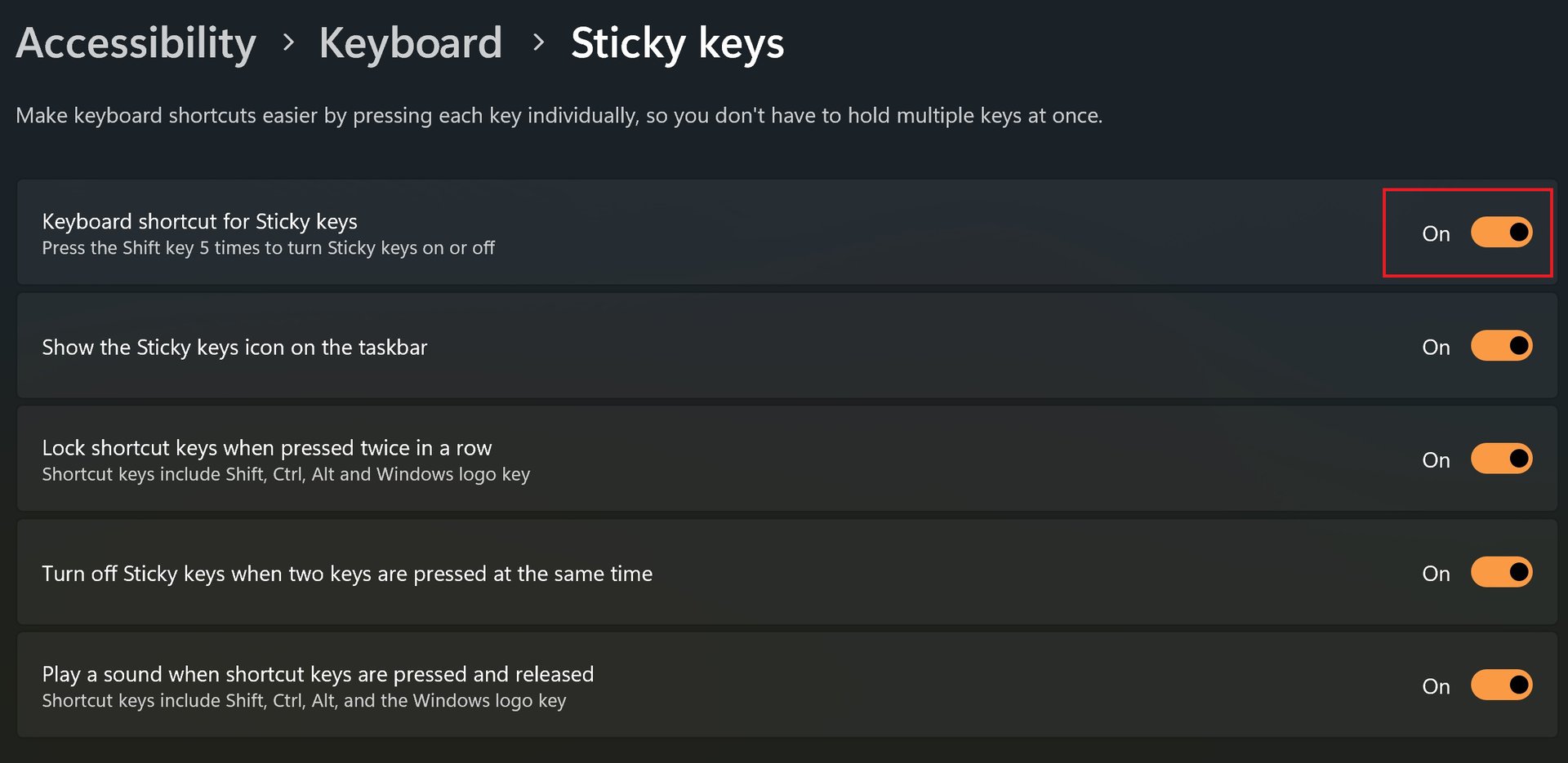 turn off keyboard shortcut sticky keys