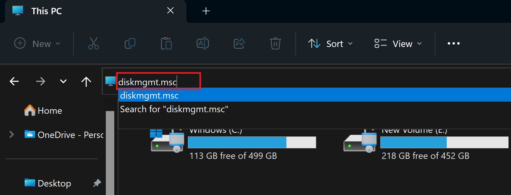 use file explorer to open disk management