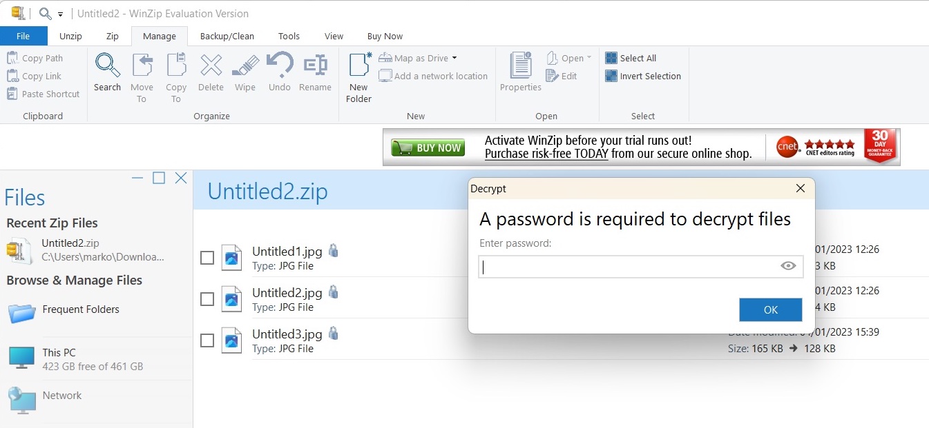 winzip encrypt enter password
