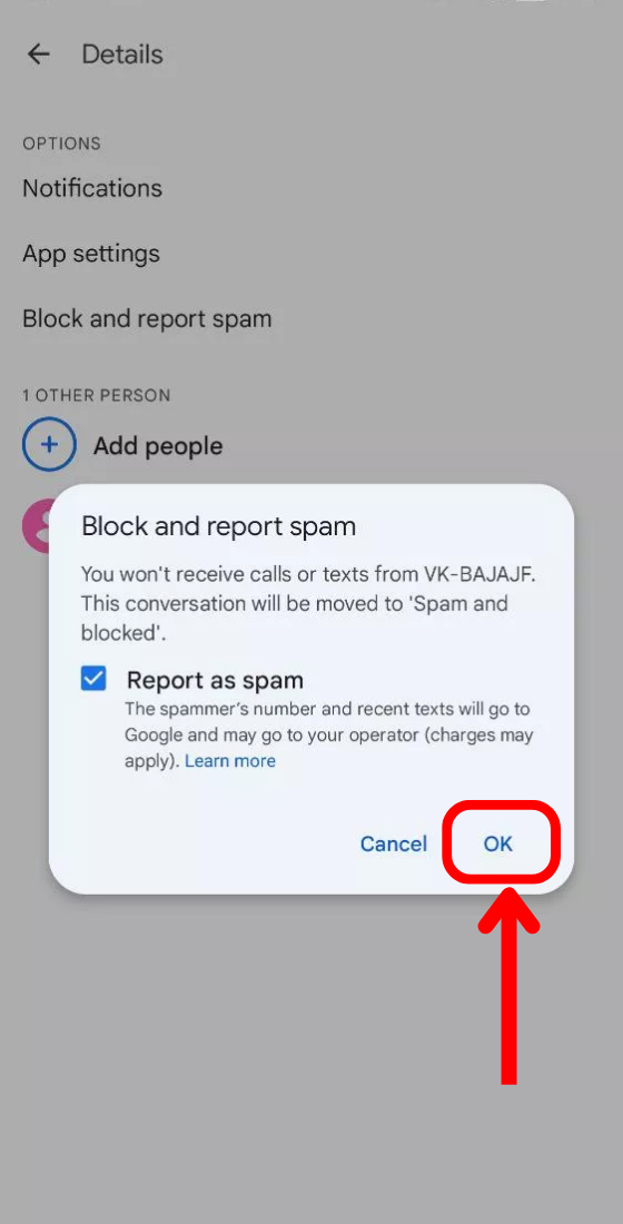 google message app chat box details block and report spam confirmation