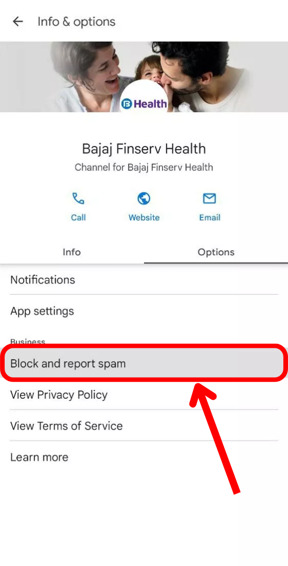 google message app chat info & options block and report spam