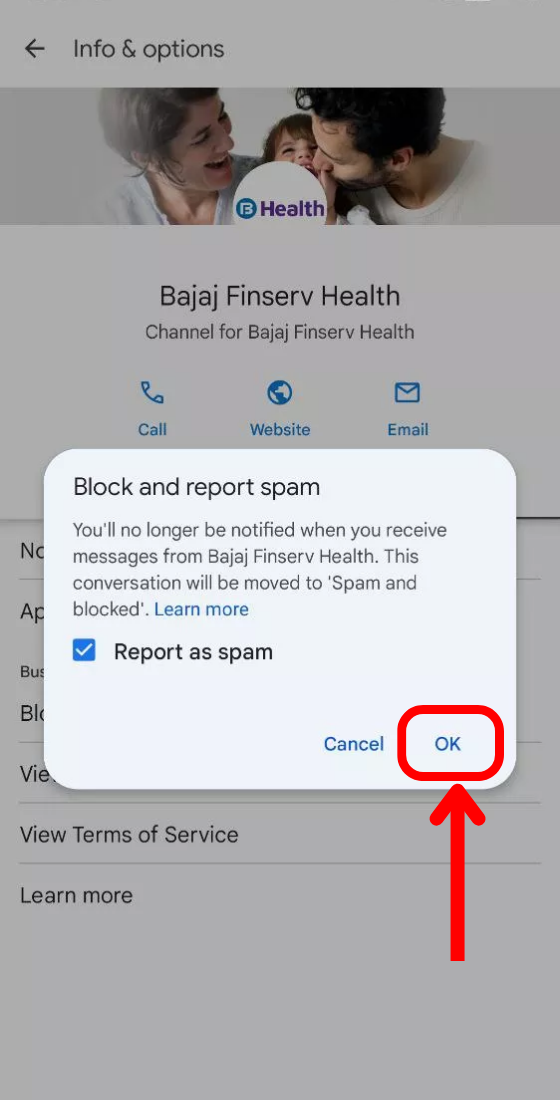 google message app chat info & options block and report spam confirmation