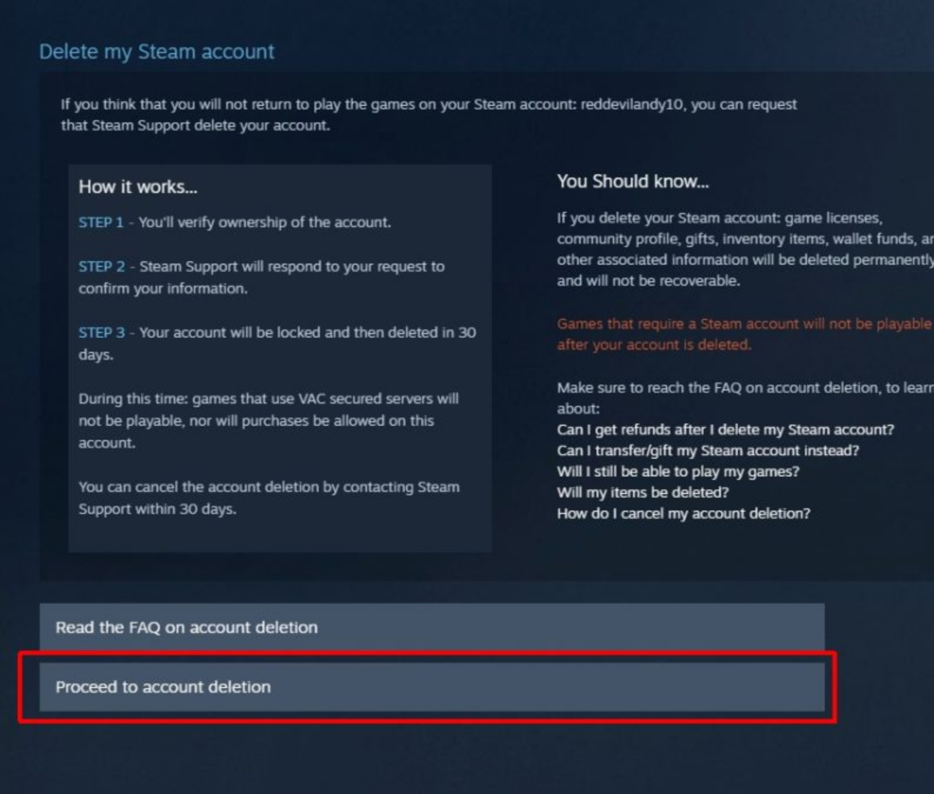 "Delete my Steam account" page