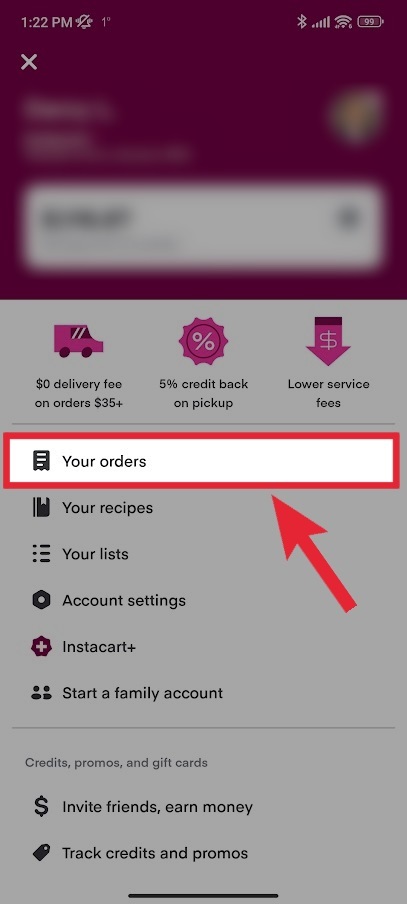 2 instacart mobile your orders button