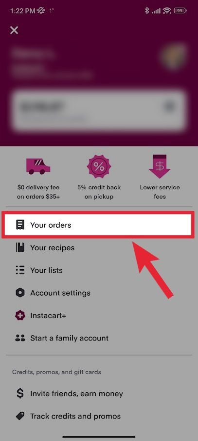 2 instacart mobile your orders button