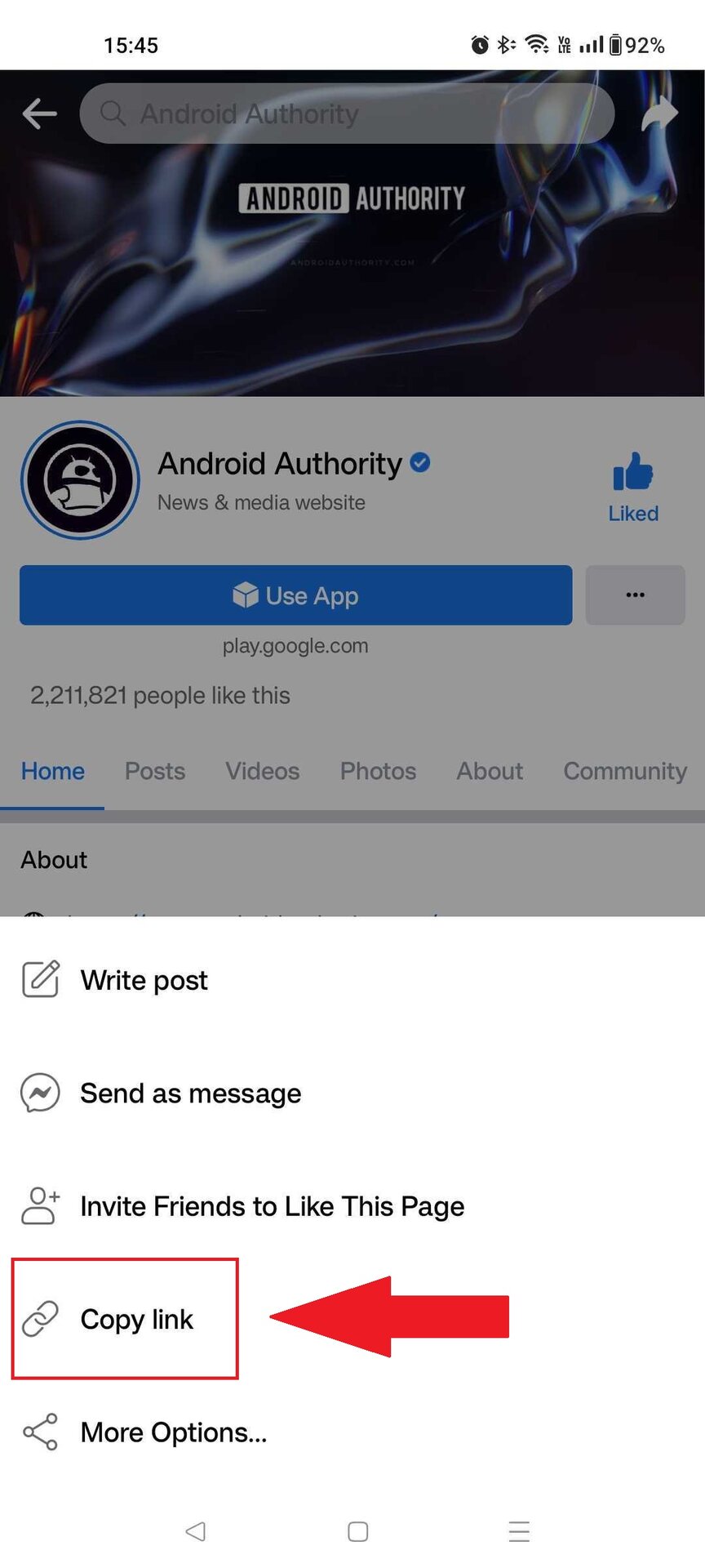 Android Authority Facebook Page Share Options