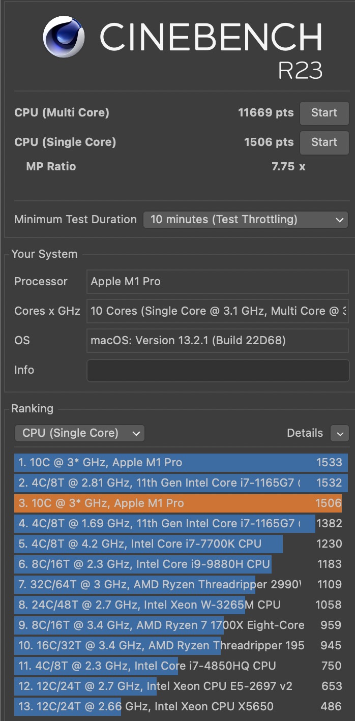 Apple MacBook Pro M1 Pro Cinebench R23 benchmark CPU single core