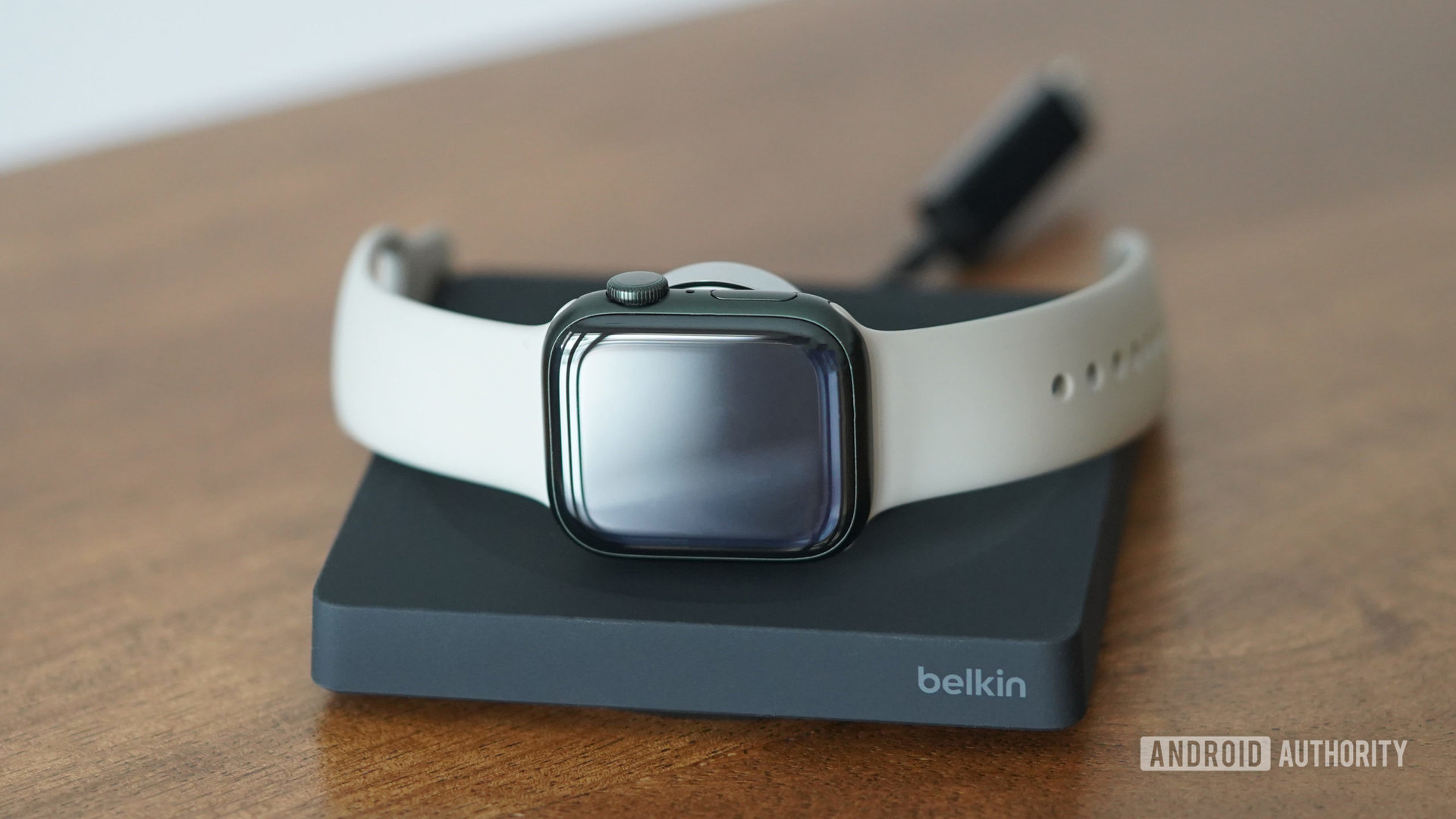 A Belkin BoostCharge Pro Portable Fast Charger for Apple Watch showcases Nightstand position.