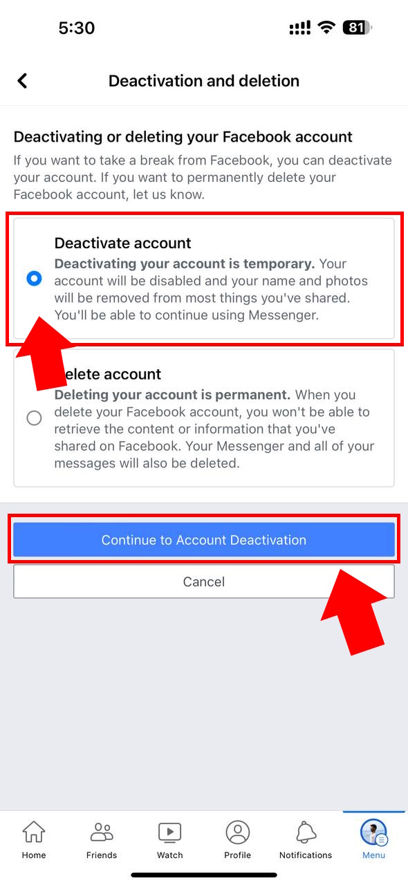 Facebook Account Settings How to deactivate on iPhone app 6
