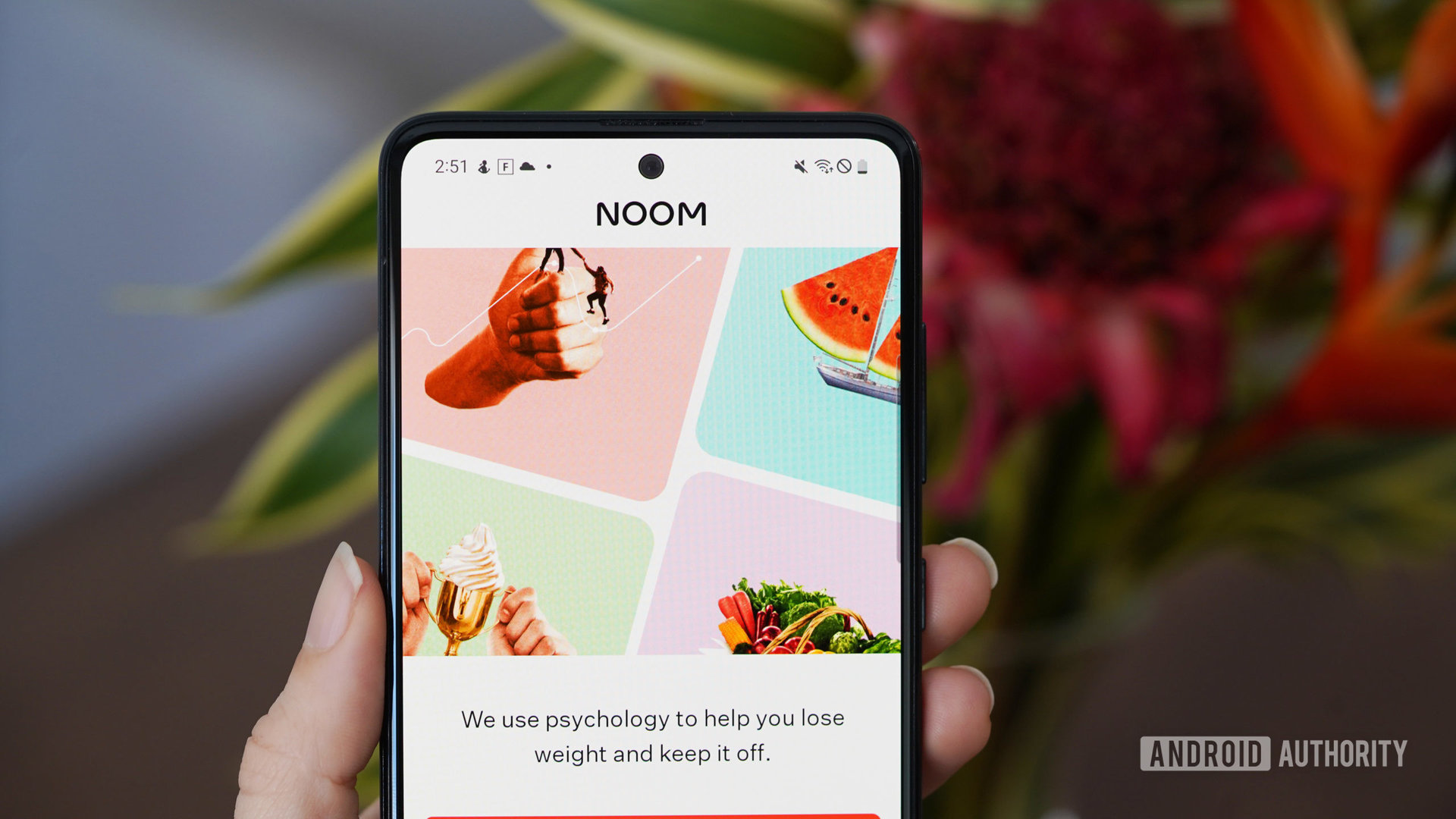 A Samsung Galaxy A51 displays the Noom Diet app.