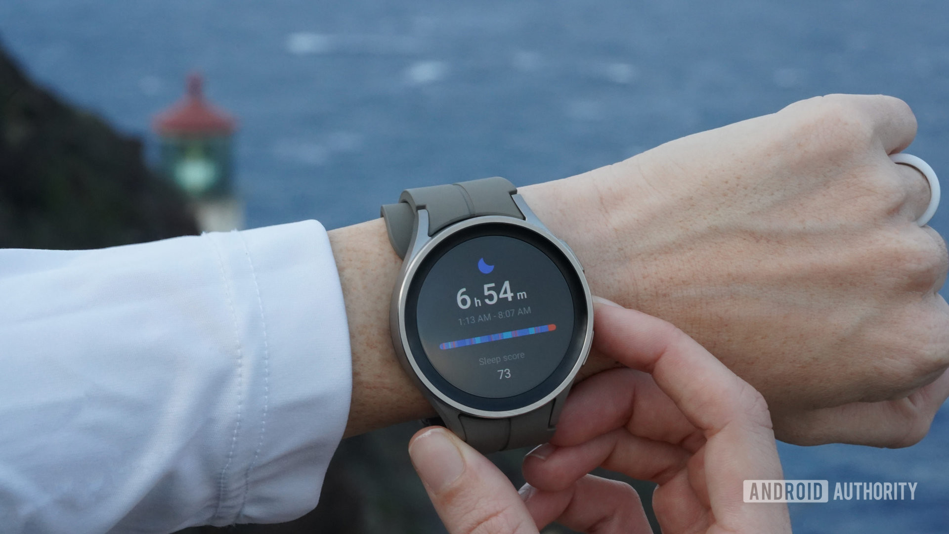 A Galaxy Watch 5 Pro displays a user's sleep tracking score.