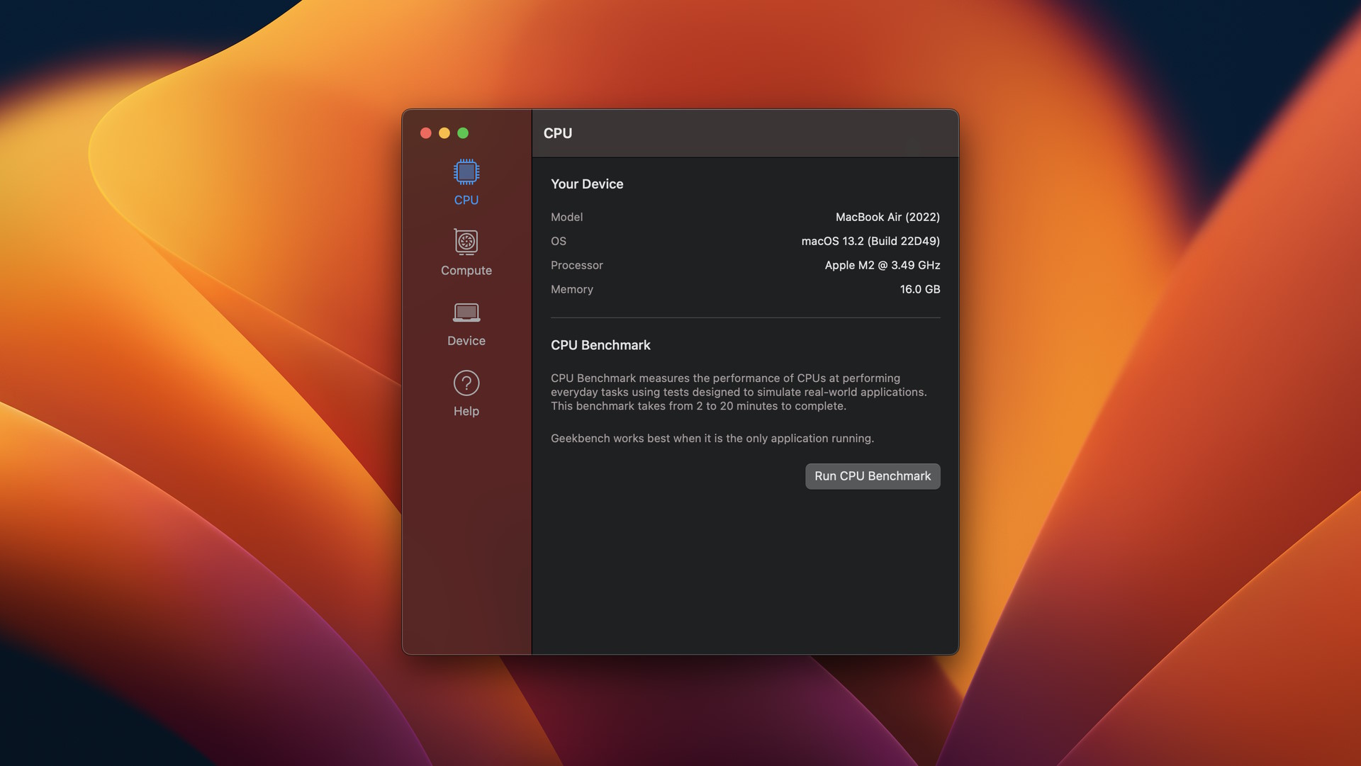 Geekbench 6 menampilkan informasi perangkat di macOS