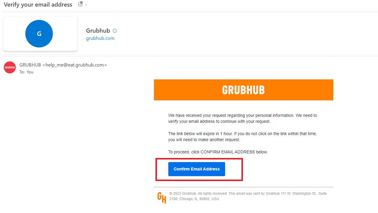 Delete your Grubhub account Verification email.