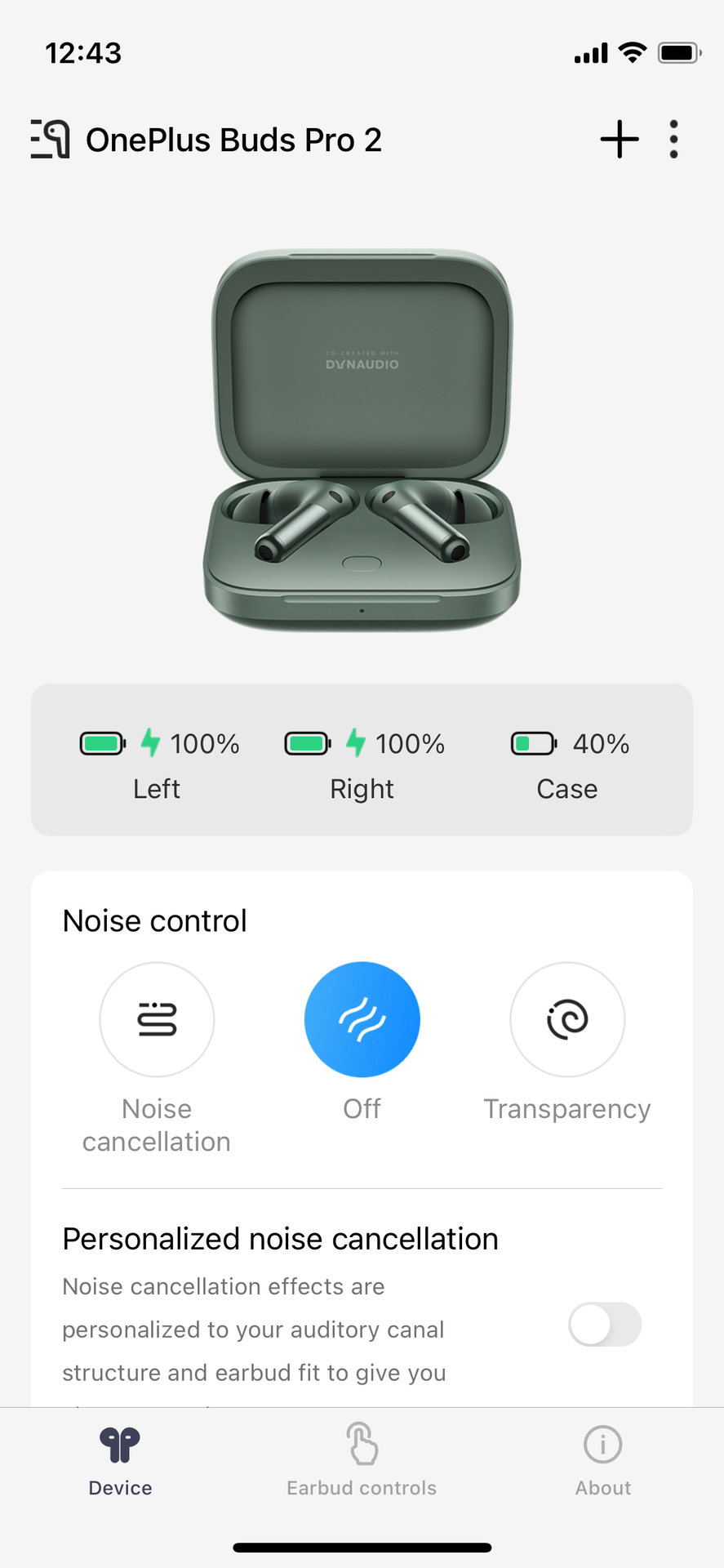 The OnePlus Buds Pro 2 HeyMelody iPhone app displays the noise control settings.