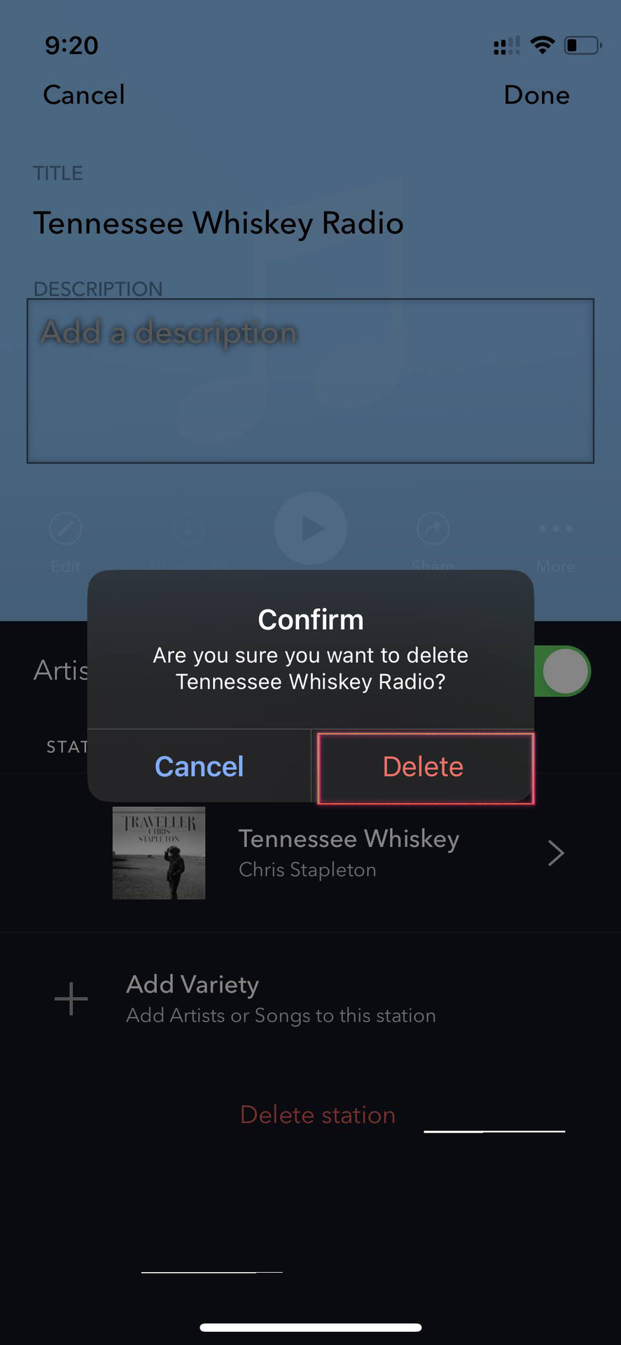 How to delete Pandora stations on iOS 4