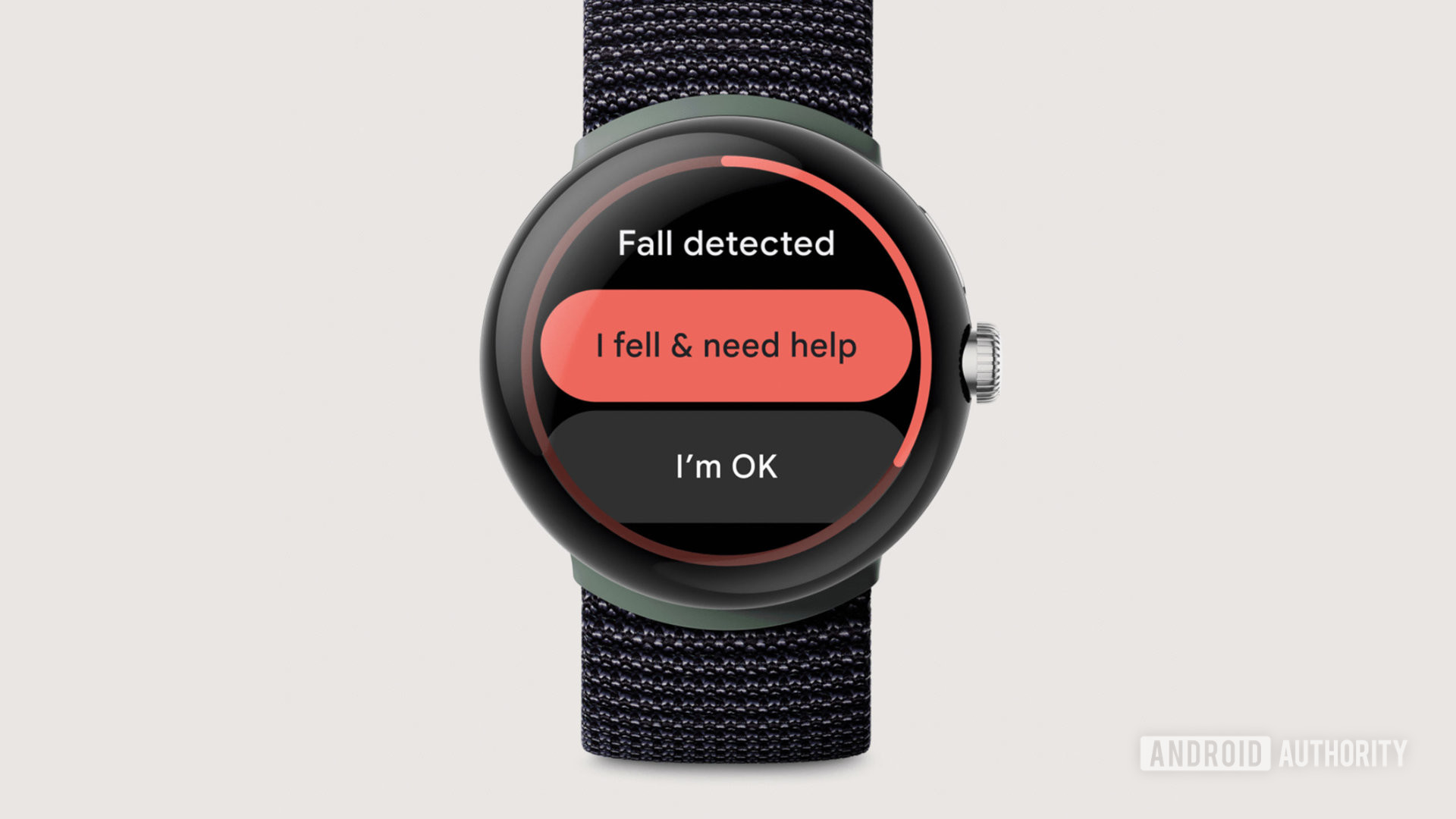 A Google Pixel Watch displays the Fall Detection screen.