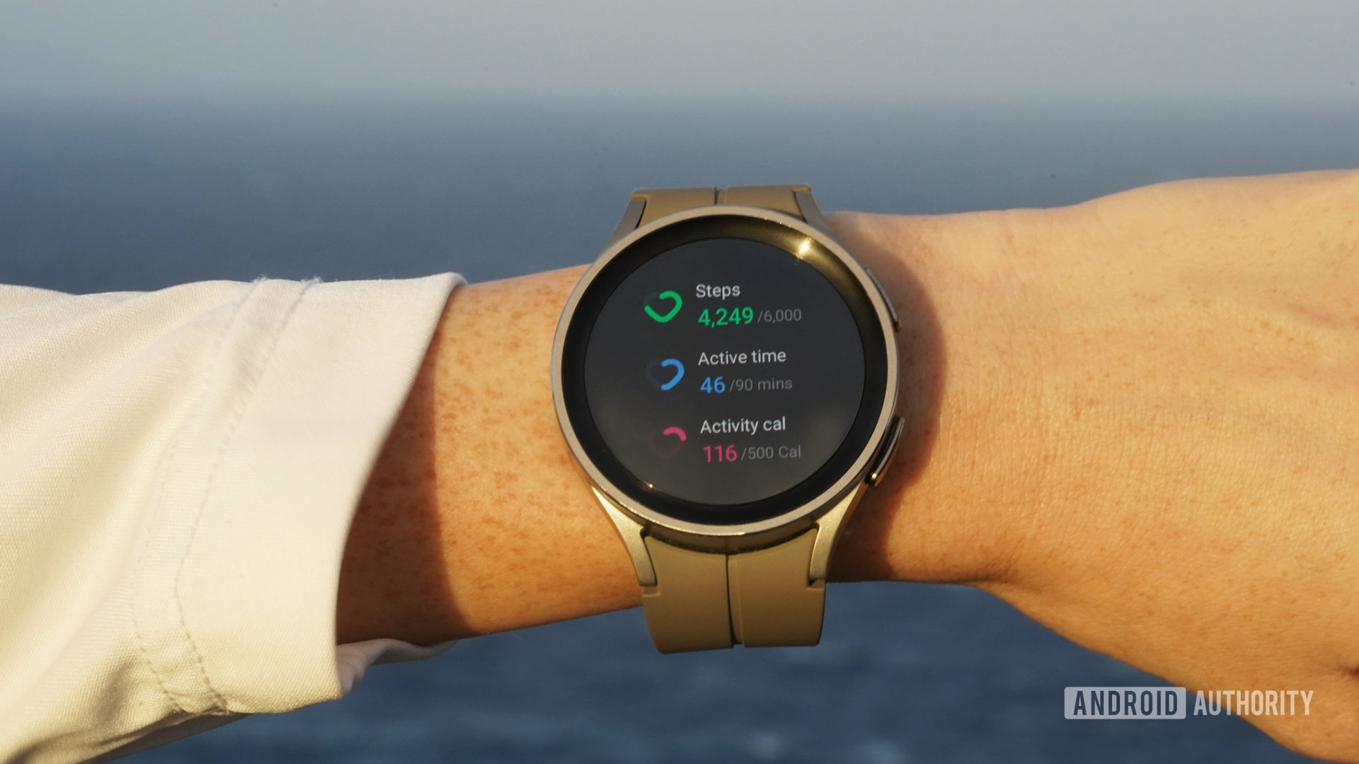 A Samsung Galaxy Watch 5 Pro displays a users activity stats.