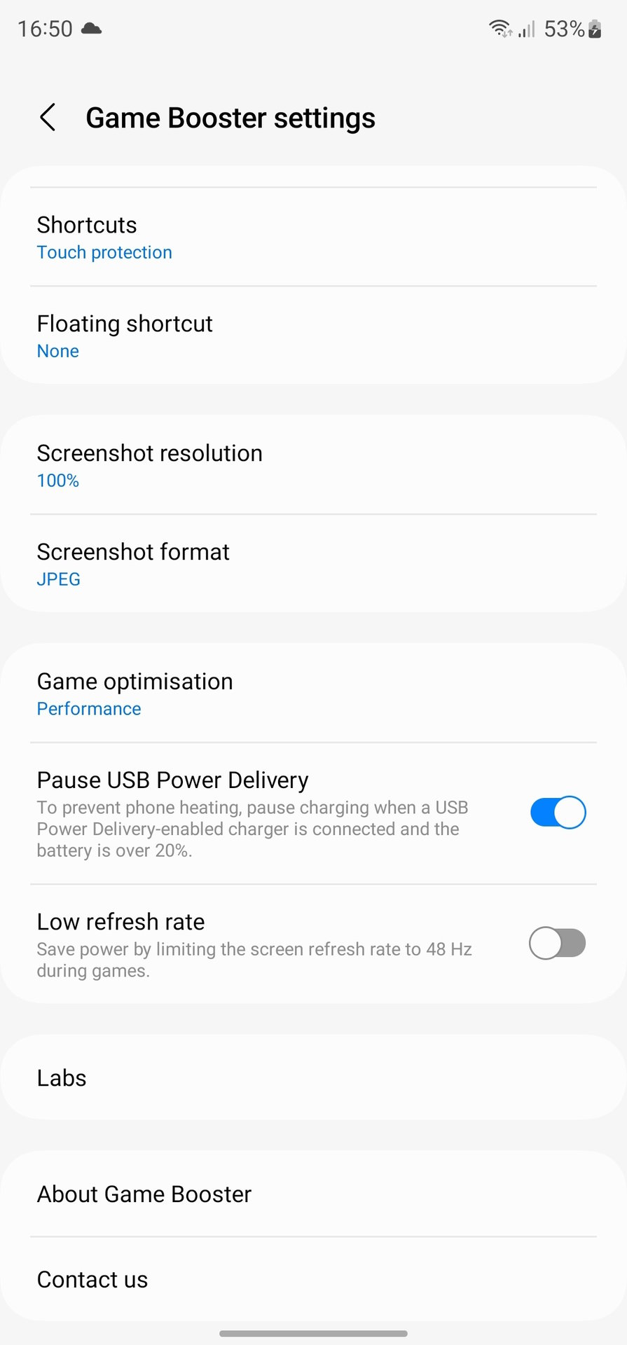 Samsung Game Booster settings Pause USB Power Delivery